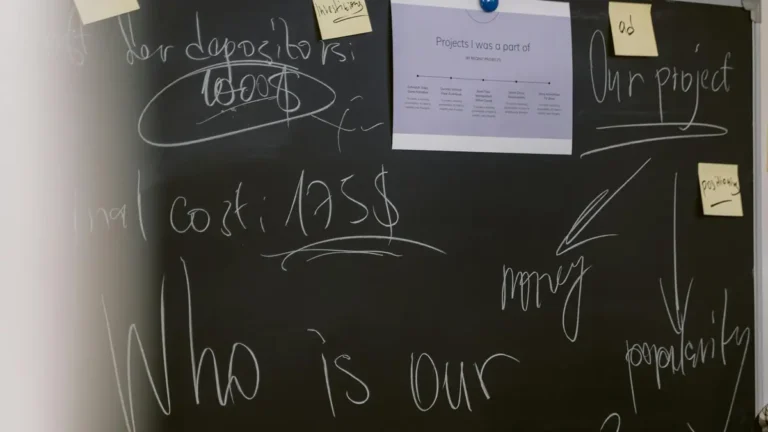 Creative business presentation captured on a blackboard, showcasing project notes, financial plans,